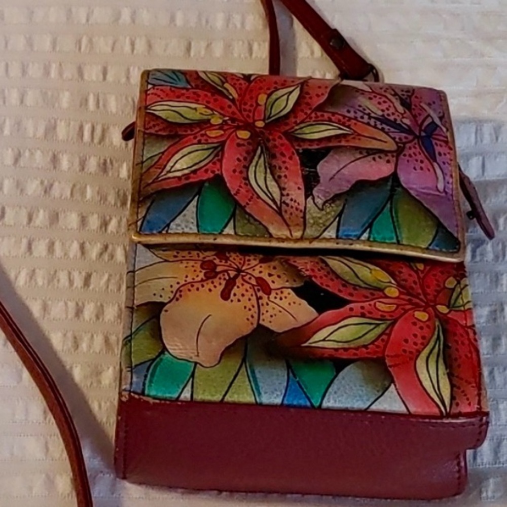 Gorgeous Floral Hand Painted Anuschka Leather Crossbody Bag